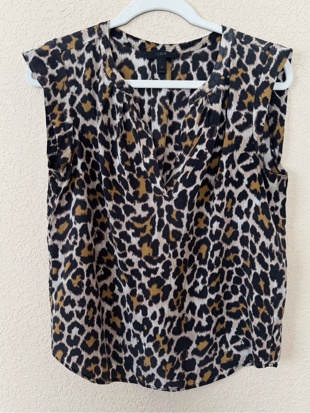 J.Crew Leopard Print 100% Silk V-Neck Cap-Sleeve Top, Size 8